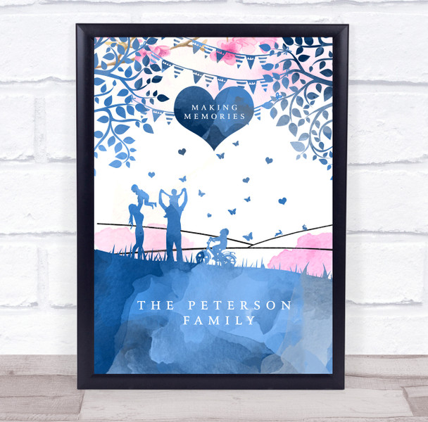 Family Name 3 Children Blue Pink Watercolour Blossom Personalized Gift Print