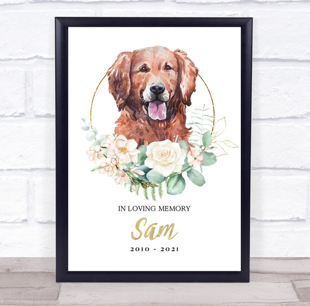 Golden Retriever Pet Memorial Peach Gold Floral Wreath Personalized Gift Print