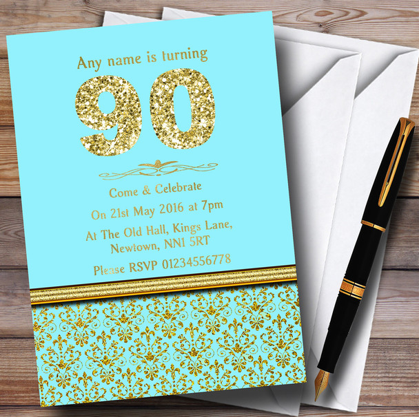 Aqua Sky Blue & Gold Vintage Damask 90Th Personalized Birthday Party Invitations