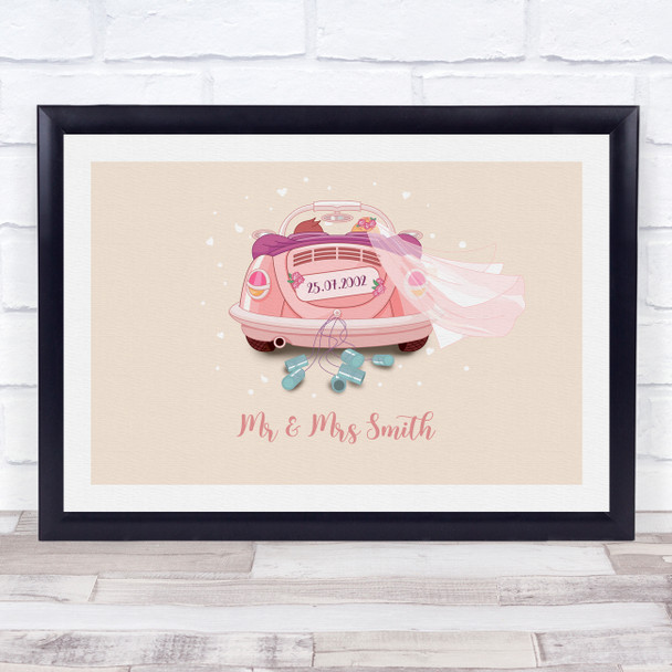 Pink Hearts Wedding Car Anniversary Wedding Date Personalized Gift Print