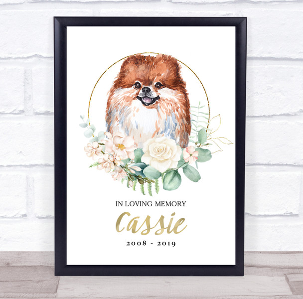 Pomeranian Pet Memorial Peach Gold Floral Wreath Personalized Gift Print