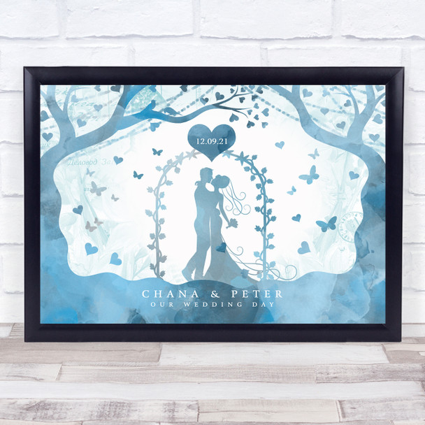 Wedding Love Tree Date Vintage Blue Watercolour Personalized Gift Print