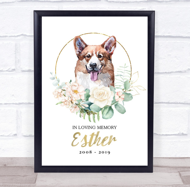 Welsh Corgi Pet Memorial Peach Gold Floral Wreath Personalized Gift Print