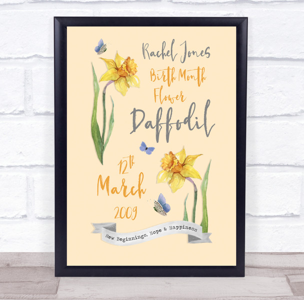 Yellow Daffodil March Birthday Month Flower Watercolour Personalized Gift Print