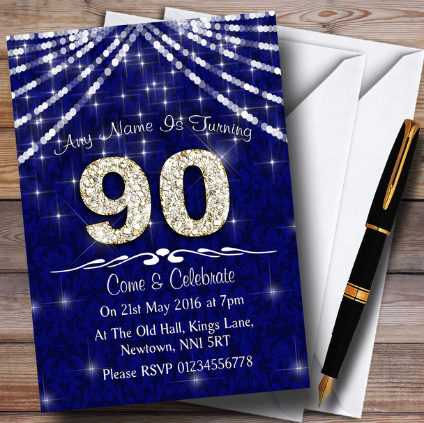 90Th Navy Blue & White Bling Sparkle Birthday Party Personalized Invitations