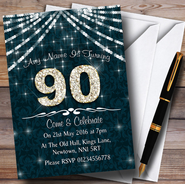 90Th Turquoise & White Bling Sparkle Birthday Party Personalized Invitations