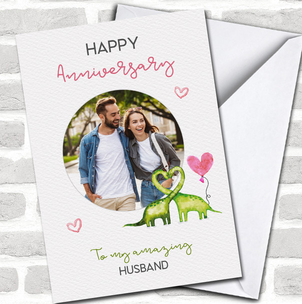 Husband Dinosaur Happy Anniversary Hearts Cute Dino Photo Personalized Card