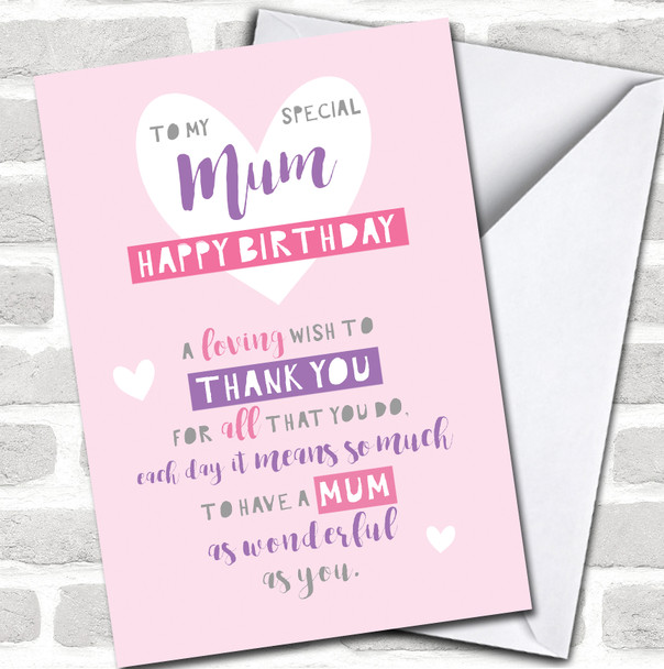 Special Mum Loving Wish Birthday Poem Text Pink Purple Heart Personalized Card