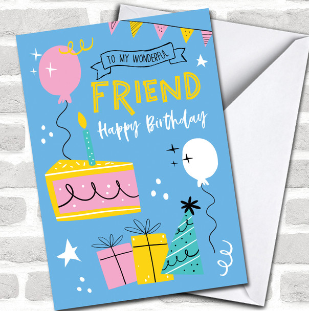 Wonderful Friend Birthday Female Cake Bright Fun Party Icons Personalized Card