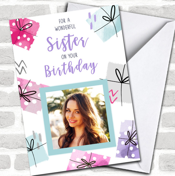 Sister Birthday Presents Gift Modern Pink Blue Hearts Photo Personalized Card