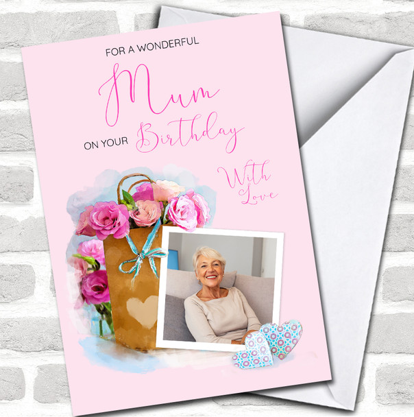 Wonderful Mum Birthday Flowers Pink Blue Gift Painted Photo Personalized Card