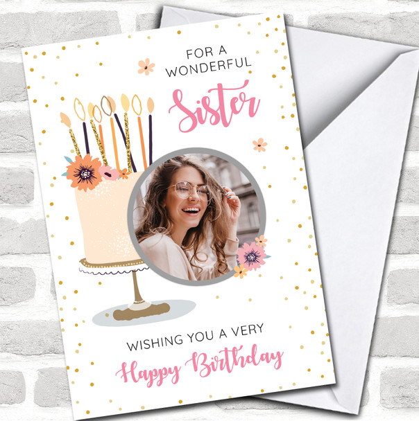 Wonderful Sister Birthday Cake Peach Gold Celebration Photo Personalized Card