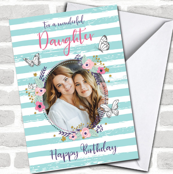 Daughter Birthday Flower Wreath Photo Floral Stripe Turquoise Personalized Card