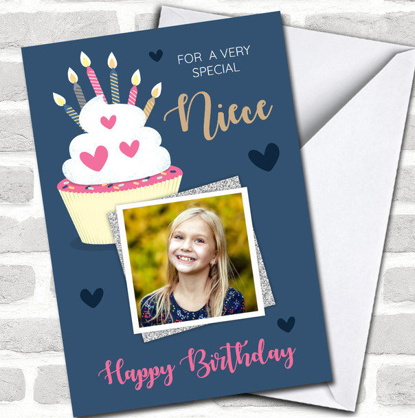 Special Niece Birthday Cupcake Photo Navy Blue Pink Personalized Card