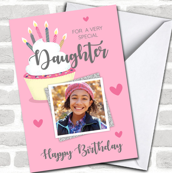 Special Daughter Birthday Cupcake Photo Pink Personalized Card