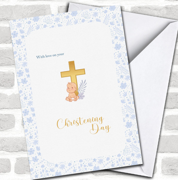 Blue Flowers Golden Cross & Baby Boy Christening Day With Love Personalized Card