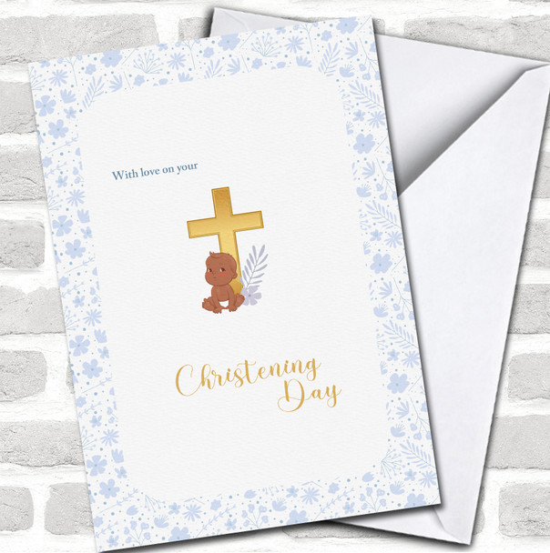 Blue Flowers Golden Cross & Dark Skin Baby Boy Christening Day Personalized Card