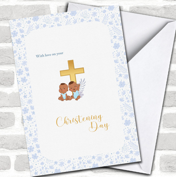 Blue Flowers Golden Cross & Dark Skin Baby Boy Twins Personalized Card