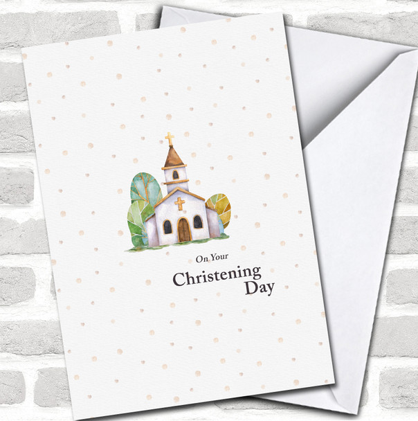 Watercolour Church Gold Polka Christening Day Personalized Card