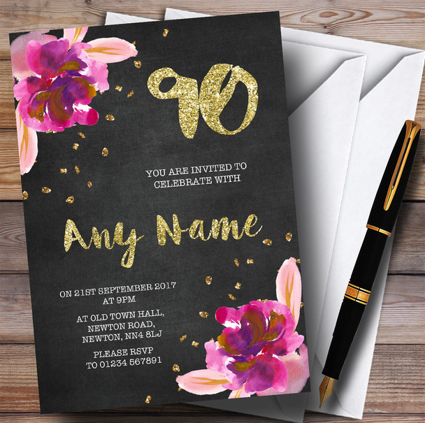 Chalk Gold Confetti Pink Flowers 90th Personalized Birthday Party Invitations