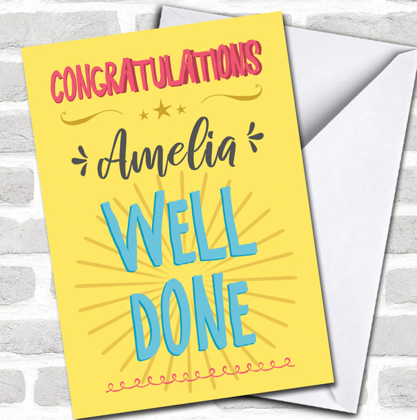 Congratulations Well Done Text Name Yellow Blue Personalized Card