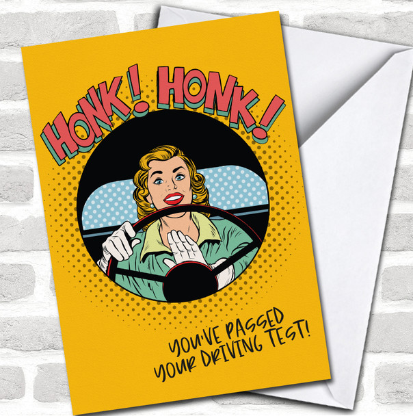 Retro Comic Honk New Driver Woman Driving Test You've Passed Personalized Card