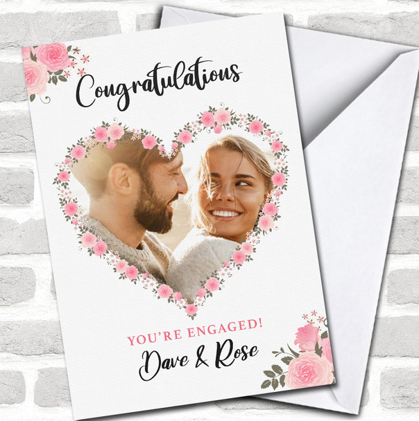 Floral Pink Heart Congratulations Engagement Names Personalized Card