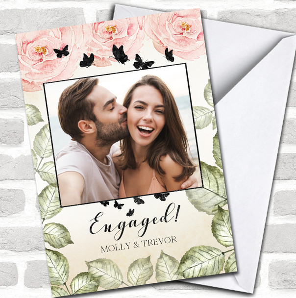 Vintage Roses Engagement Photo Names Personalized Card
