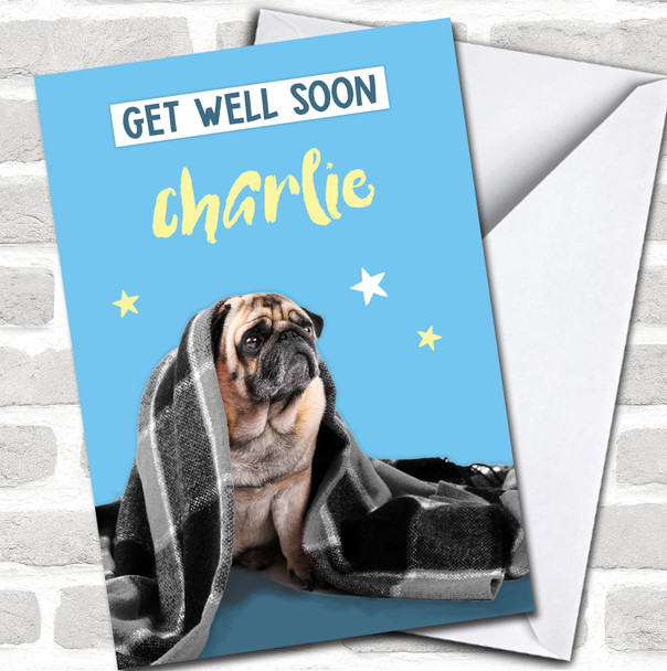 Get Well Soon Cute Pug Blanket Blue Name Personalized Card