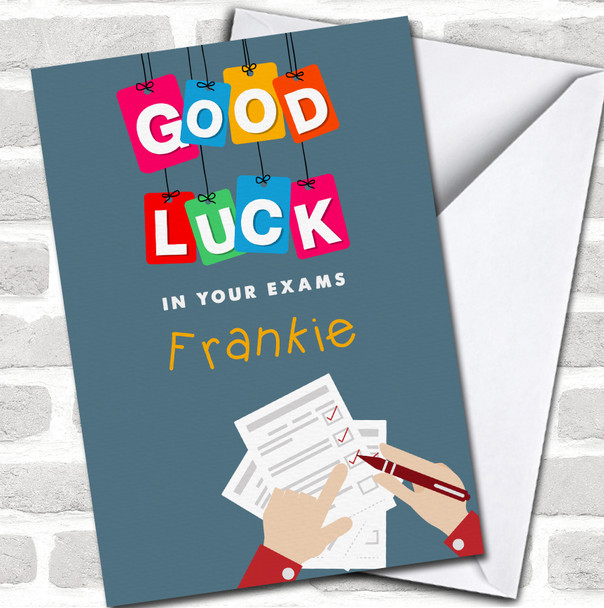 School Exams Papers Good Luck Name Rainbow Blocks Personalized Card