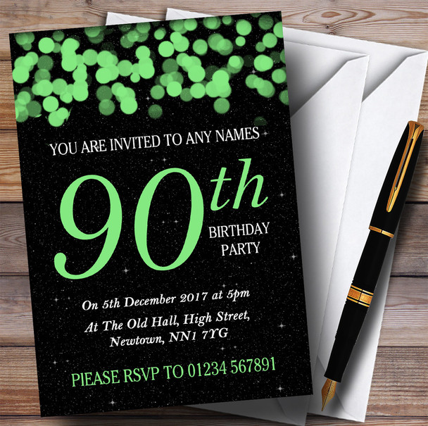 Green Bokeh & Stars 90th Personalized Birthday Party Invitations