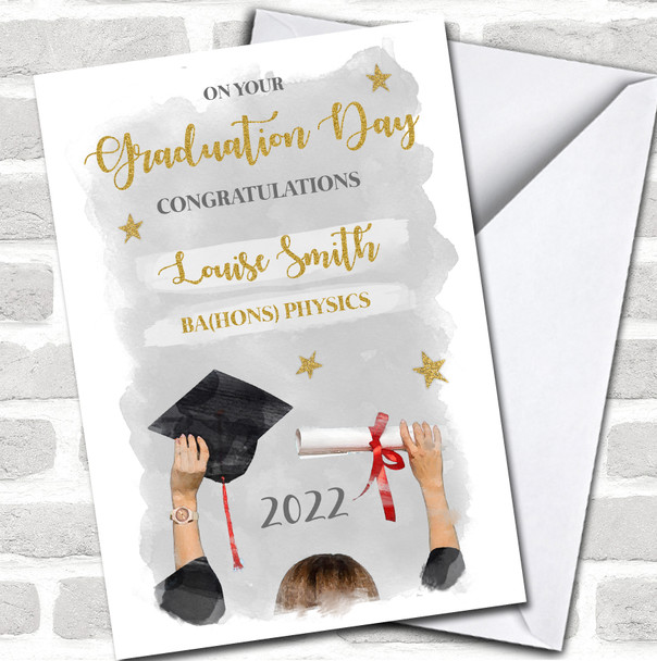 On Your Graduation Gold Congratulations Girl Hat Glitter Wash Personalized Card