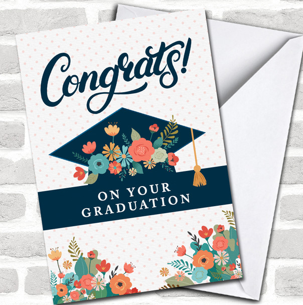 Congrats Graduation Navy Cap Peach Blue Floral Personalized Card