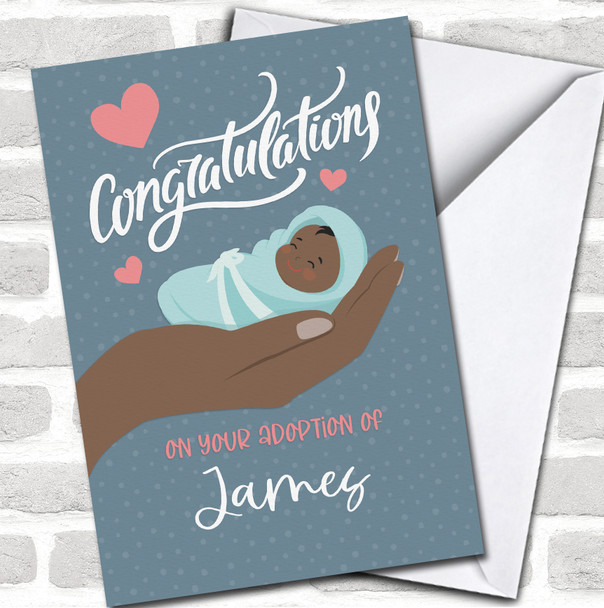 Blue Polka Dot Dark Skin Holding Baby Adoption Congratulations Personalized Card