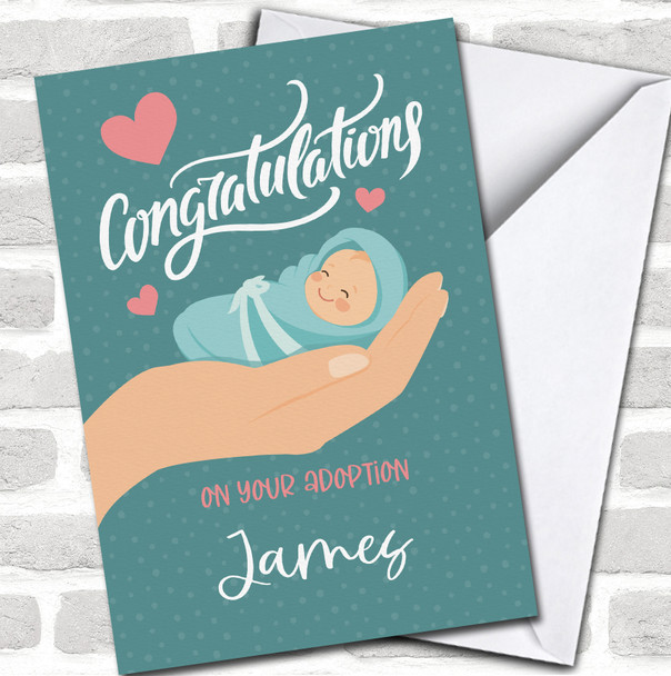 Green Polka Dot Light Skin Hand Holding New Baby Name Personalized Card