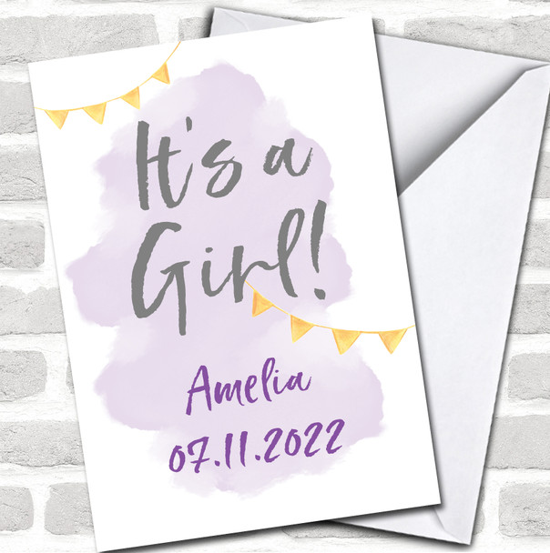 It's A Girl New Baby Girl Date Name Purple Wash Yellow Bunting Personalized Card