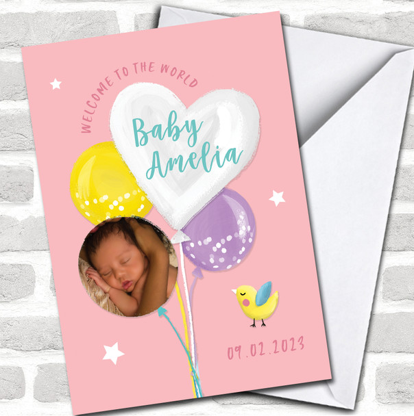 Welcome to the World Girl New Baby Birth Balloons Heart Photo Personalized Card