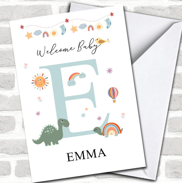 Welcome New Baby Newborn Floral Fun Name & Letter Initial E Personalized Card