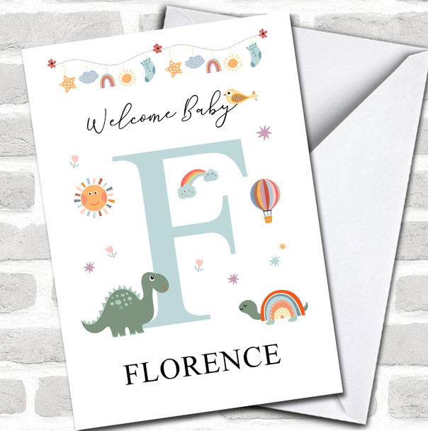 Welcome New Baby Newborn Floral Fun Name & Letter Initial F Personalized Card