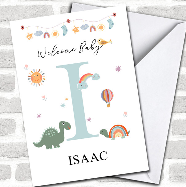 Welcome New Baby Newborn Floral Fun Name & Letter Initial I Personalized Card
