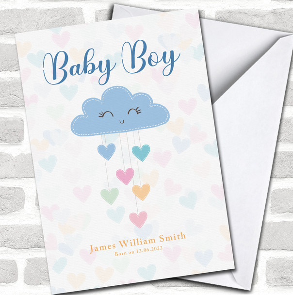 Blue Cute Cloud Hearts Baby Boy Name New Born Birth Date Personalized Card