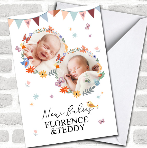 New Baby Newborn Floral Butterflies Wreath Twins 2 Photo Personalized Card