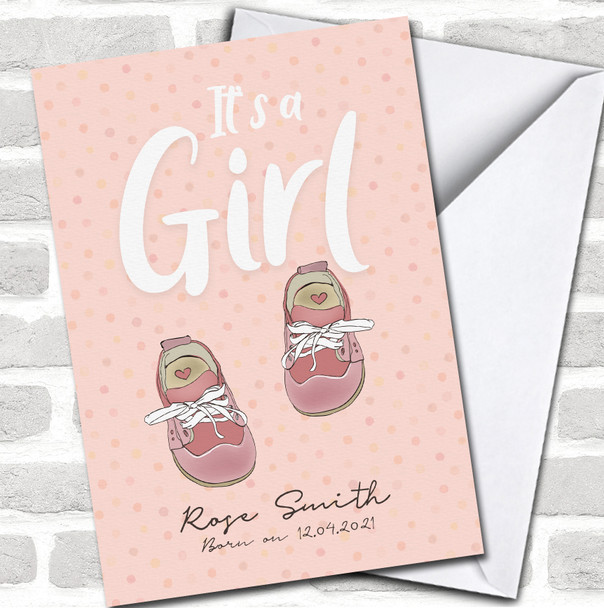 Pink Baby Shoes Peach It's A Girl Name New Baby Pregnant Personalized Card