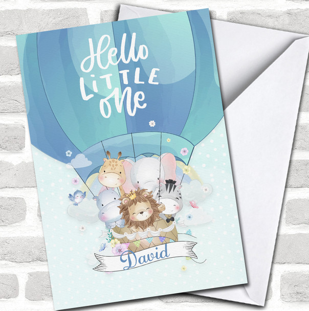 Baby Animals In Air Balloon New Baby Newborn Hello Blue Personalized Card