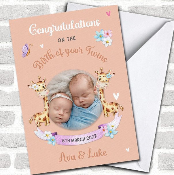 Congratulations Birth Twins New Baby Giraffe Photo Cute Personalized Card