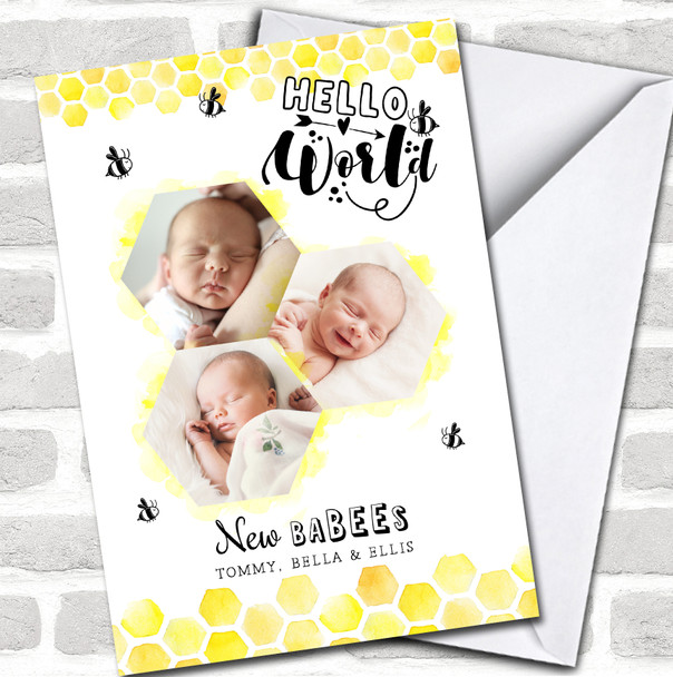 New Babies Newborn Triplets Hello World Honeycomb Photo Personalized Card