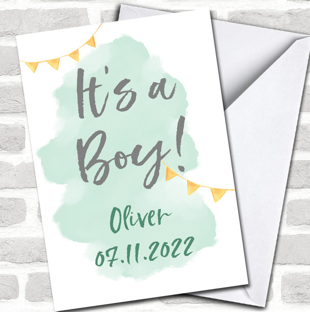 It's A Boy New Baby Boy Date Green Wash Yellow Bunting Personalized Card