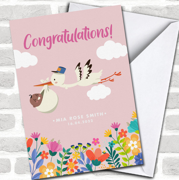 Pink Cute Stork With Dark Skin Baby New Born Name Date Personalized Card