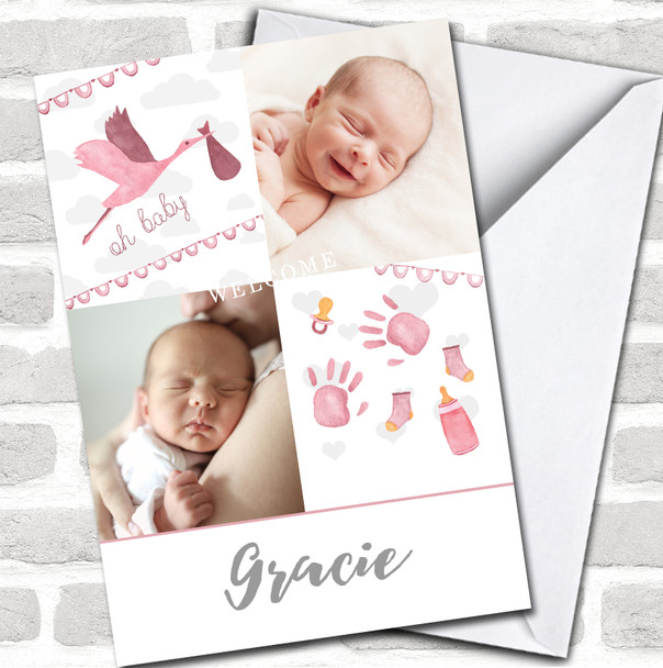 Baby Girl Pink 2 Photos Welcome New Baby Newborn Name Personalized Card