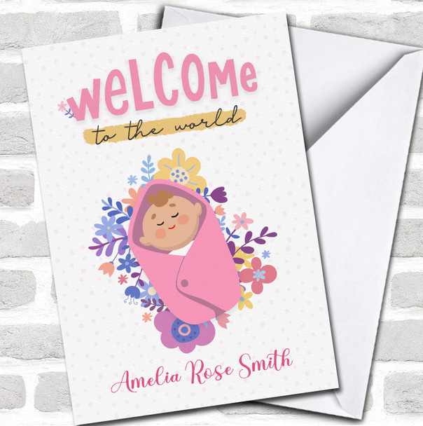 Pink Cute Sleeping Baby New To World Born Floral Name Personalized Card